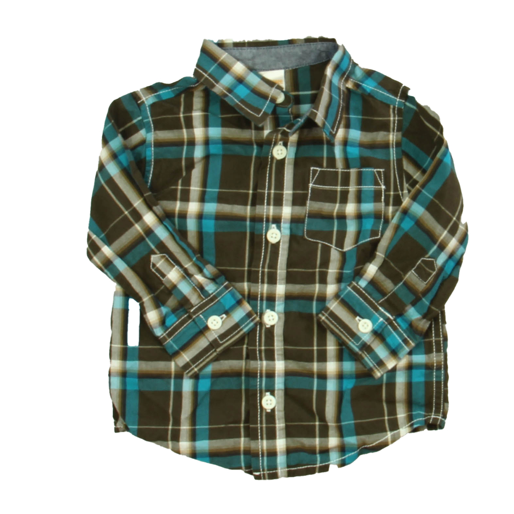 Gymboree Boys Brown | Blue Plaid Button Down Long Sleeve size: 12-18 Months